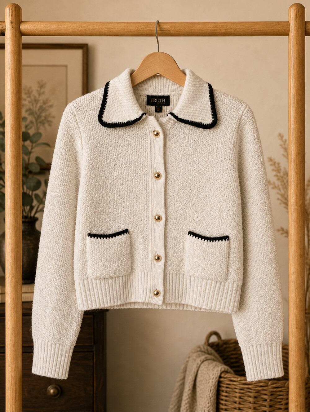 Truth by Republic XL Ivory Boucle Cardigan Sweater Black Trim Preppy